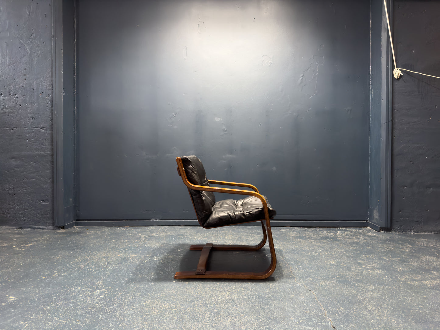 Black Leather and Beech Armchair