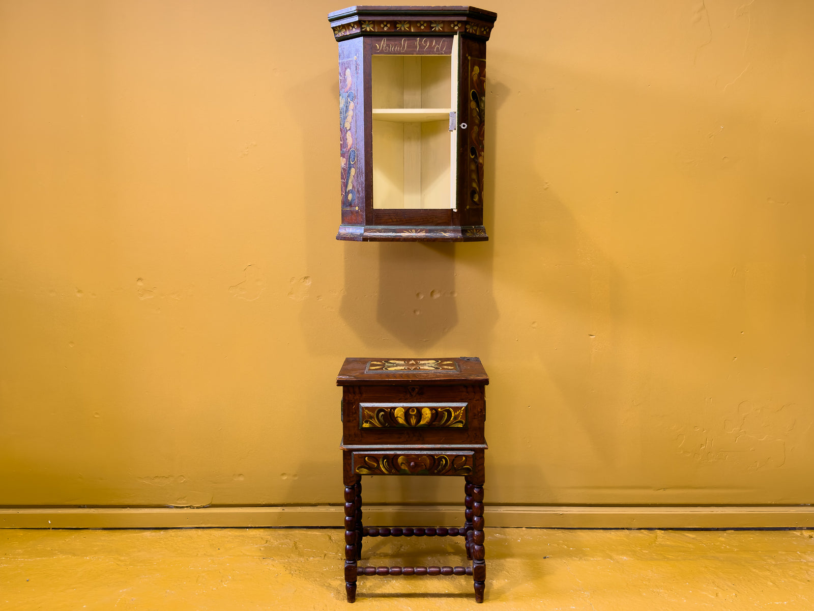Danish Folk Art Sewing Box on Stand