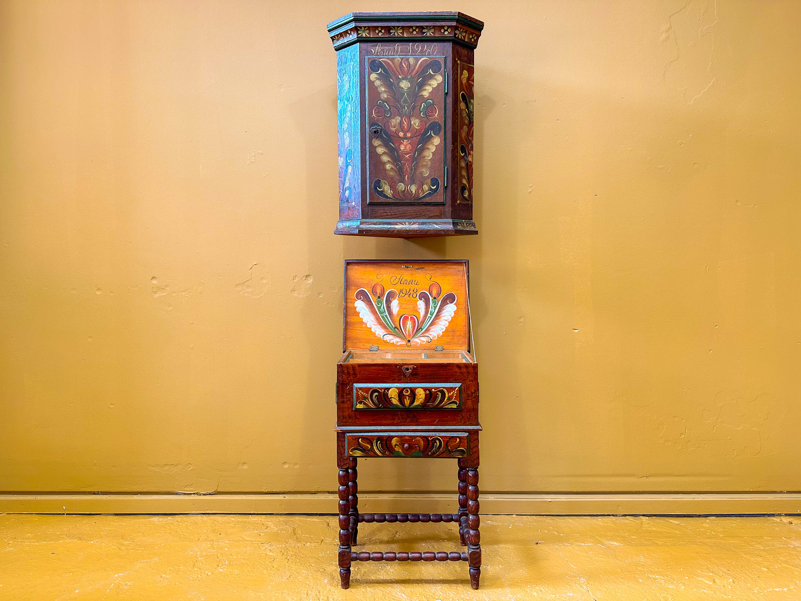 Danish Folk Art Sewing Box on Stand