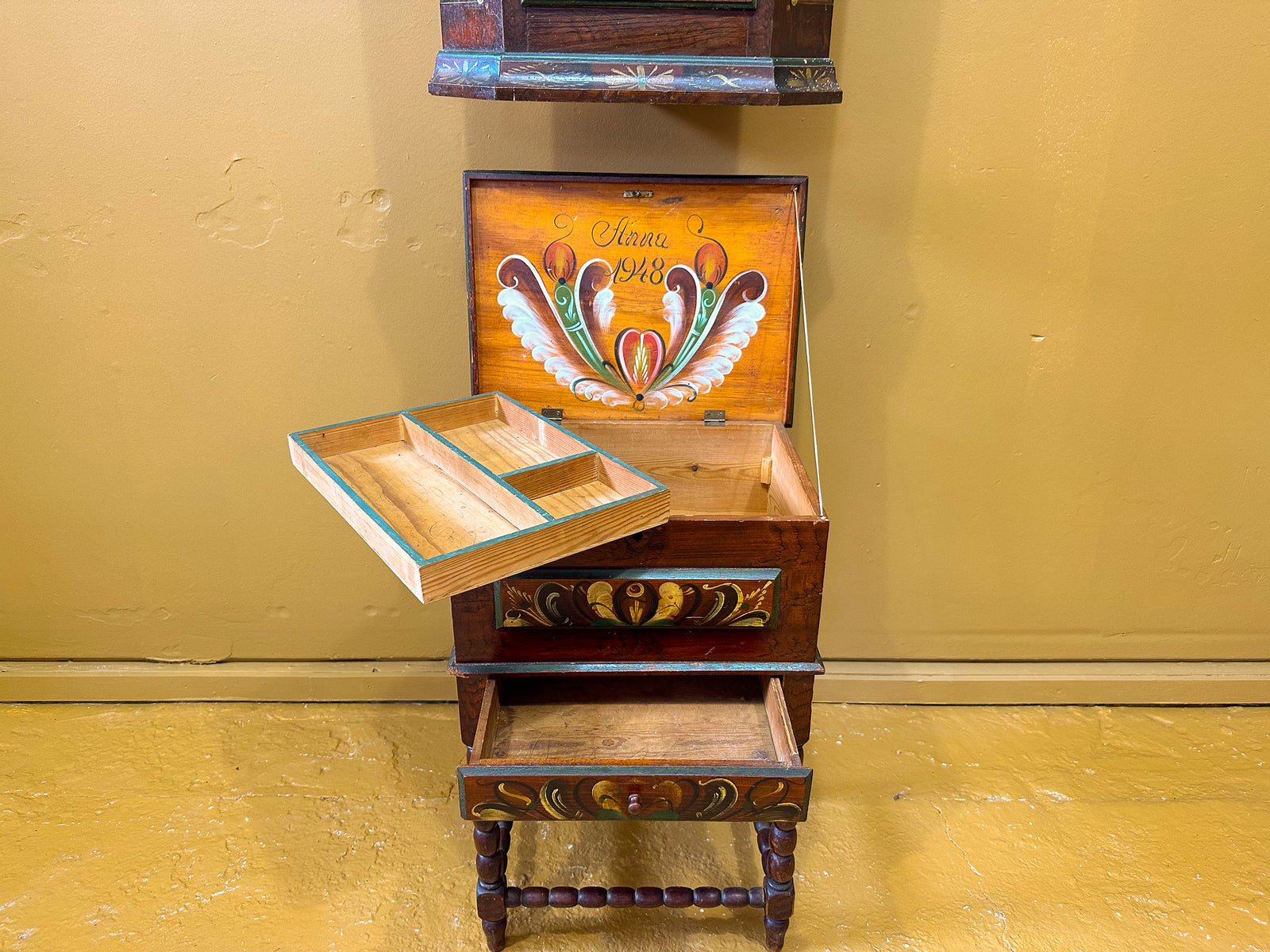 Danish Folk Art Sewing Box on Stand