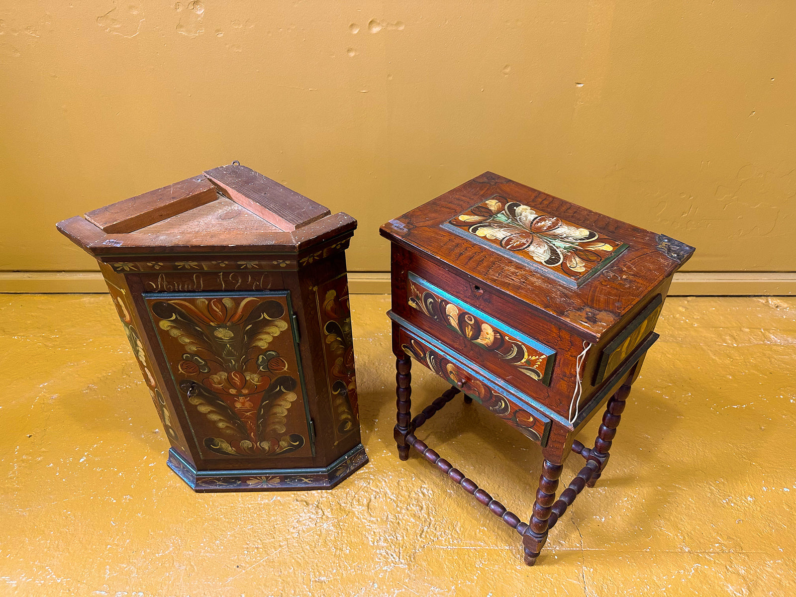 Danish Folk Art Sewing Box on Stand