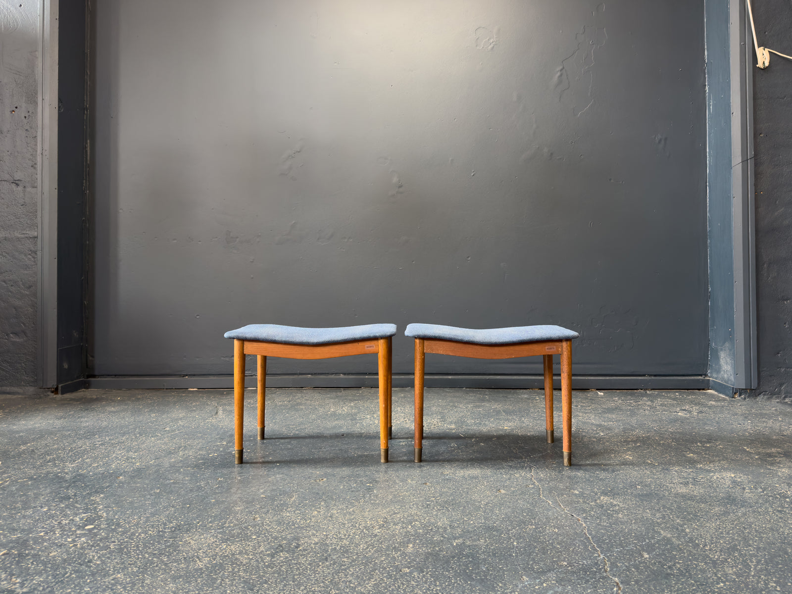 Teak and Blue Upholstered Stool