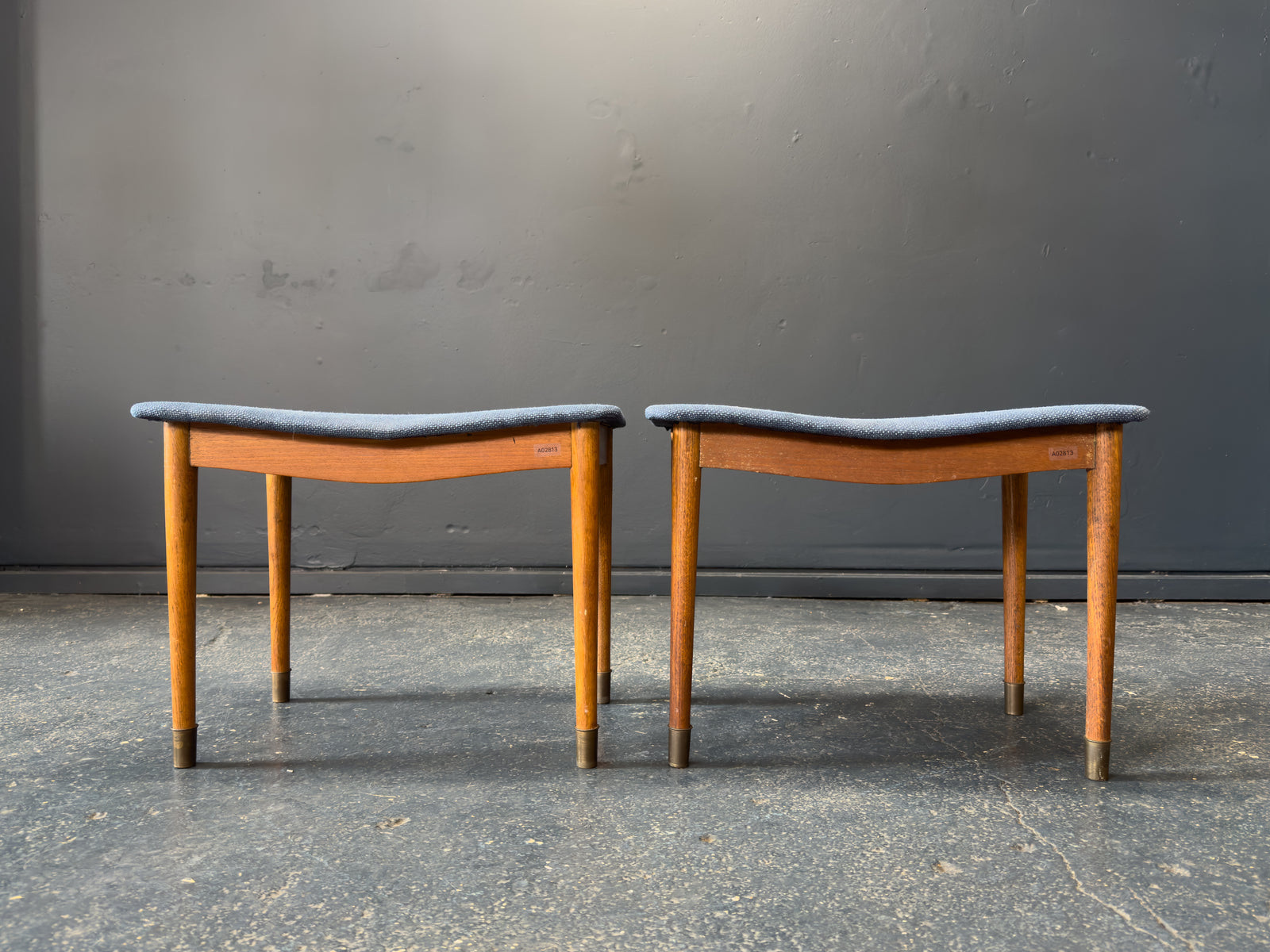 Teak and Blue Upholstered Stool