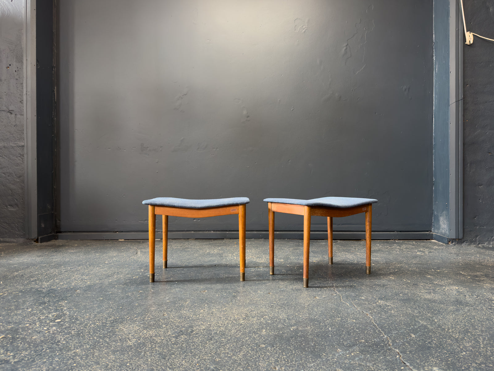 Teak and Blue Upholstered Stool