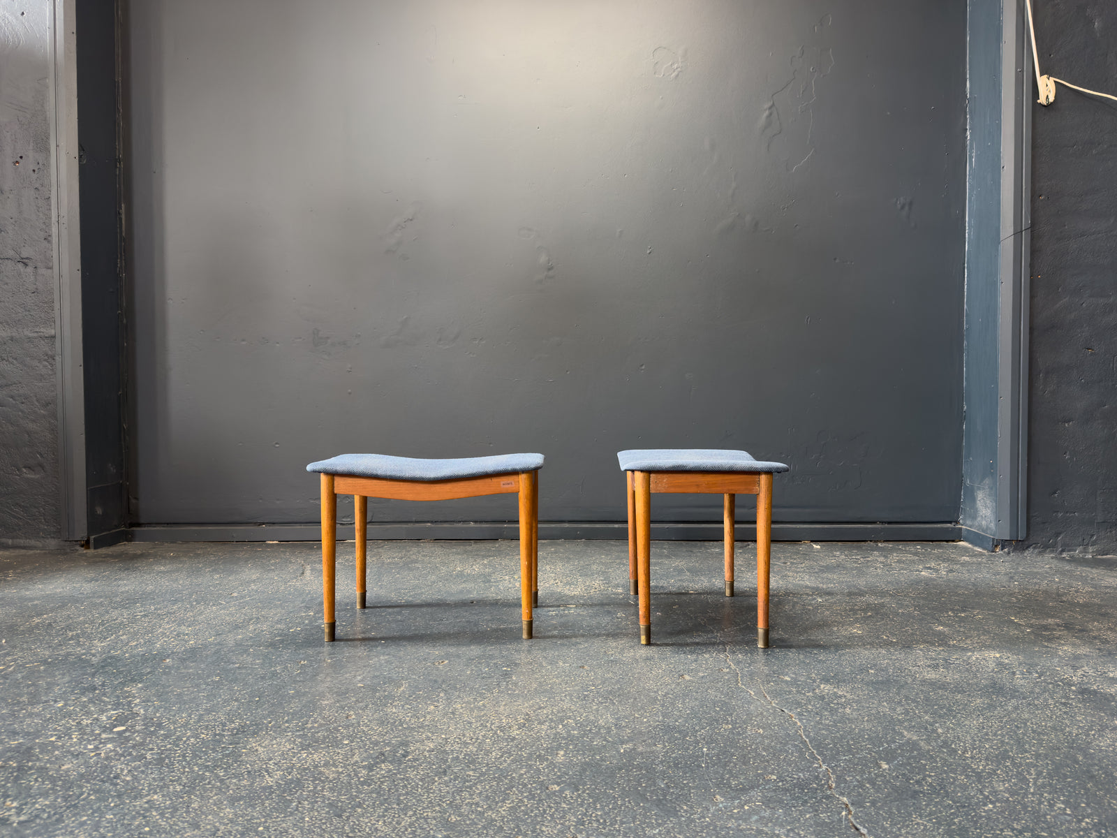 Teak and Blue Upholstered Stool