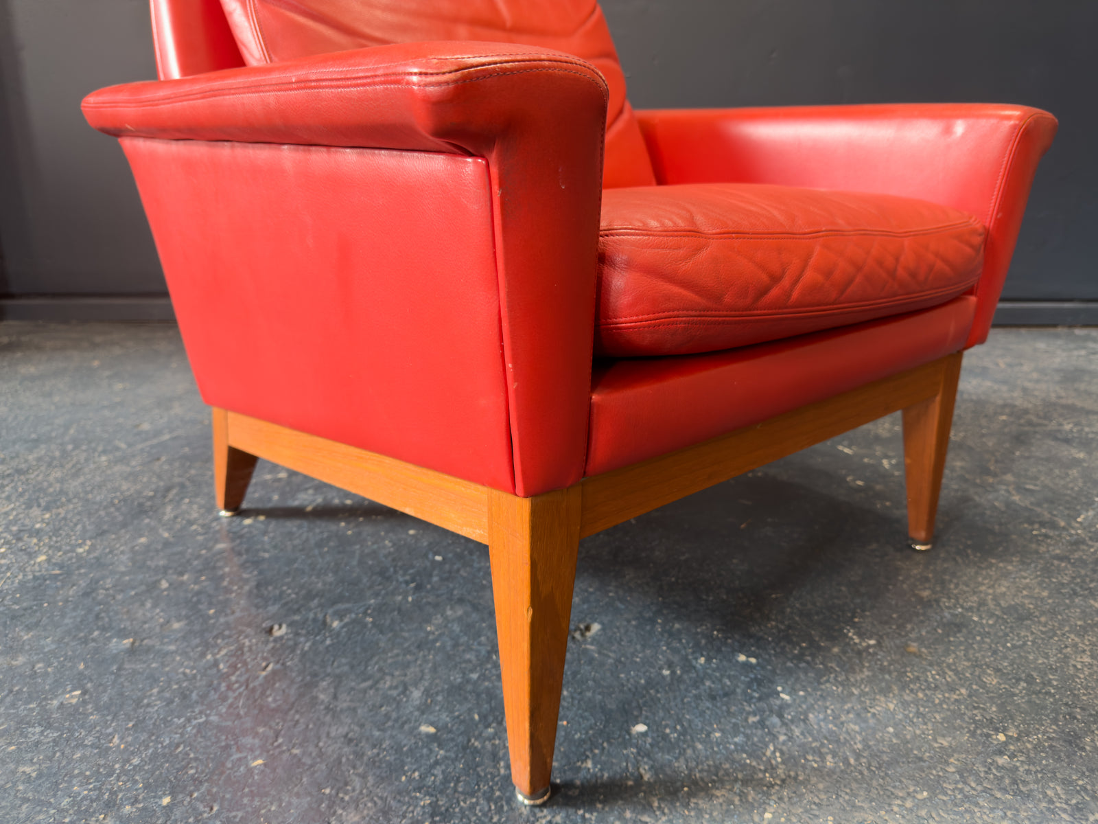 Teak and Red Leather Armchair