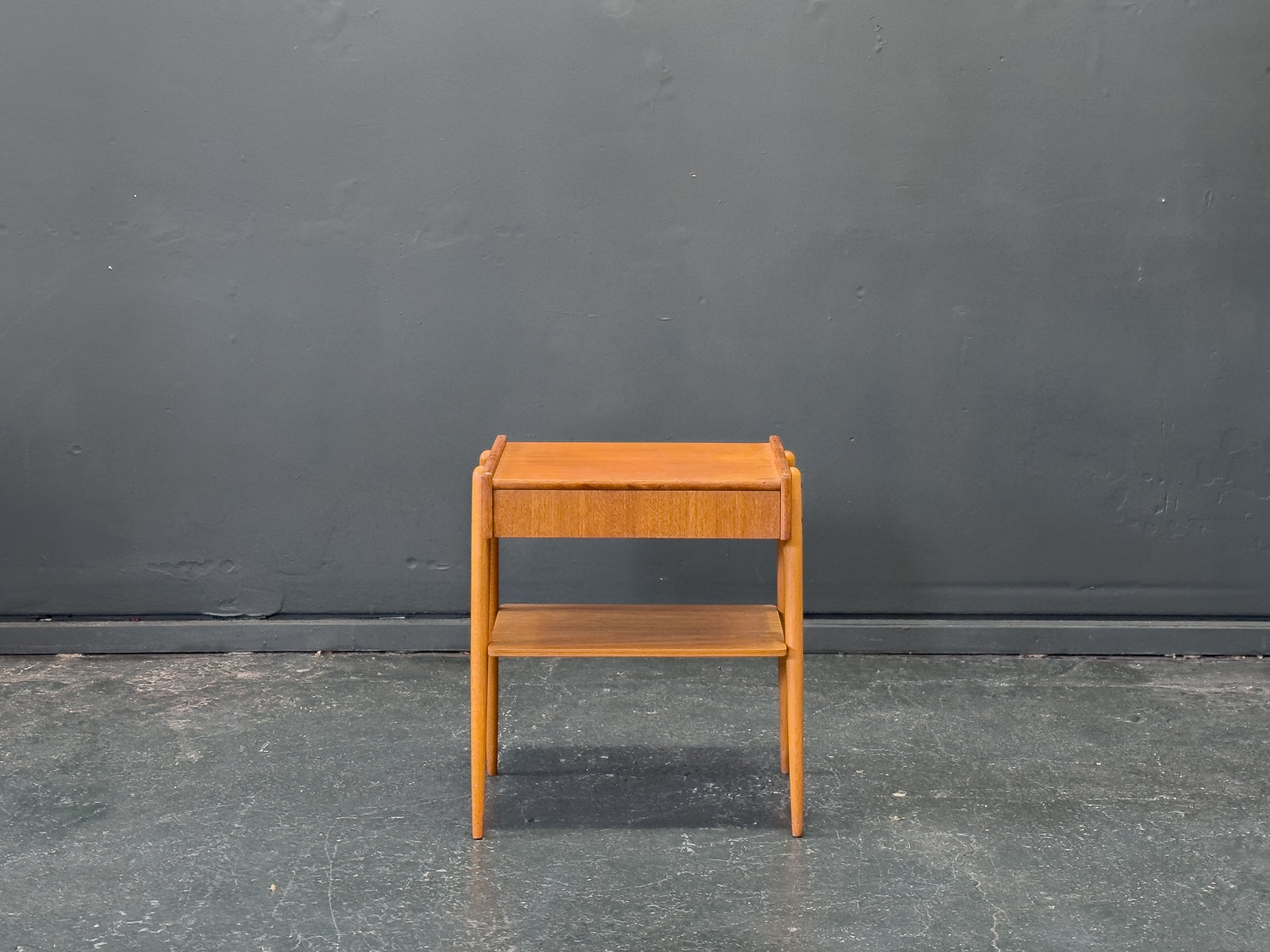 Teak and Oak Bedside Table with Drawer and Shelf