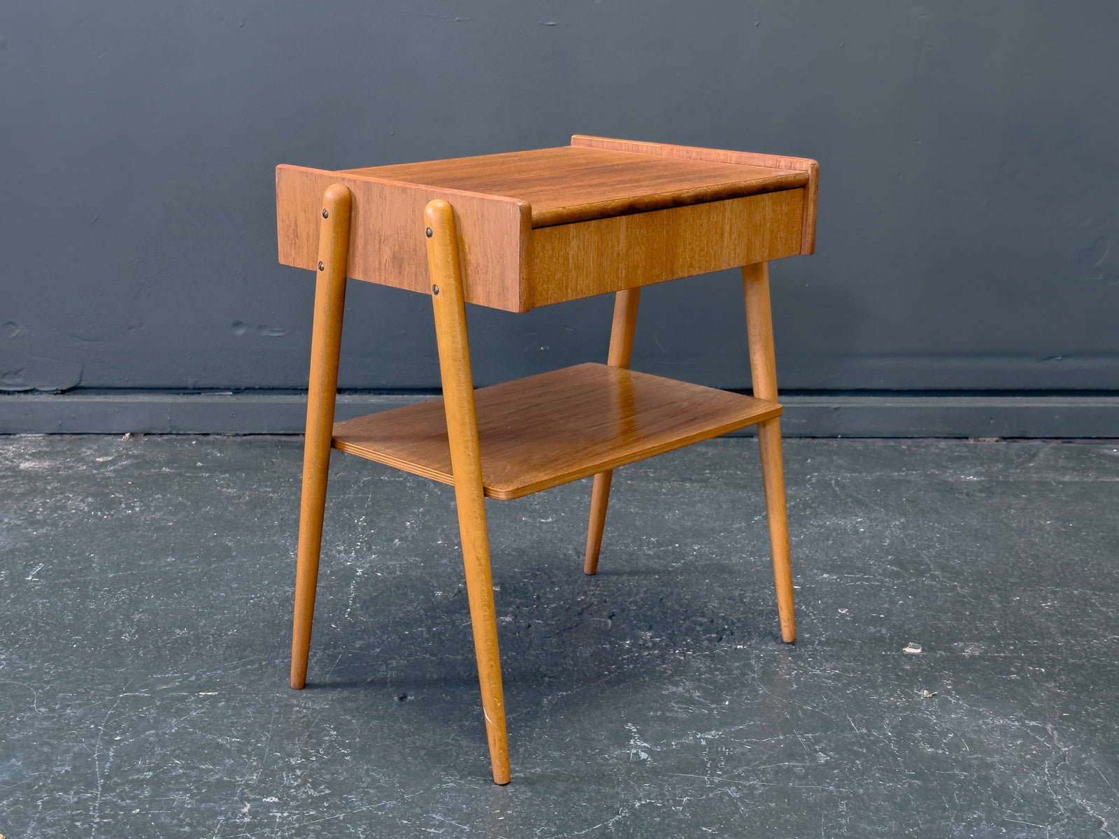 Teak and Oak Bedside Table with Drawer and Shelf