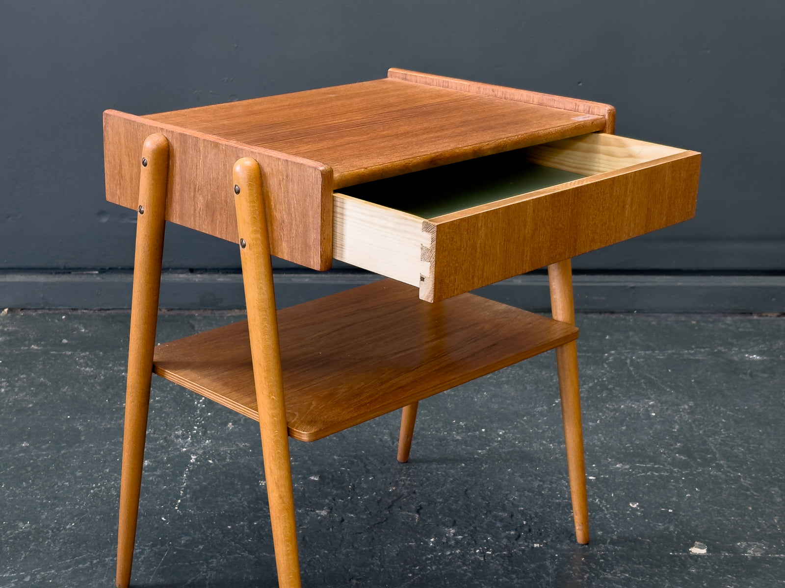 Teak and Oak Bedside Table with Drawer and Shelf