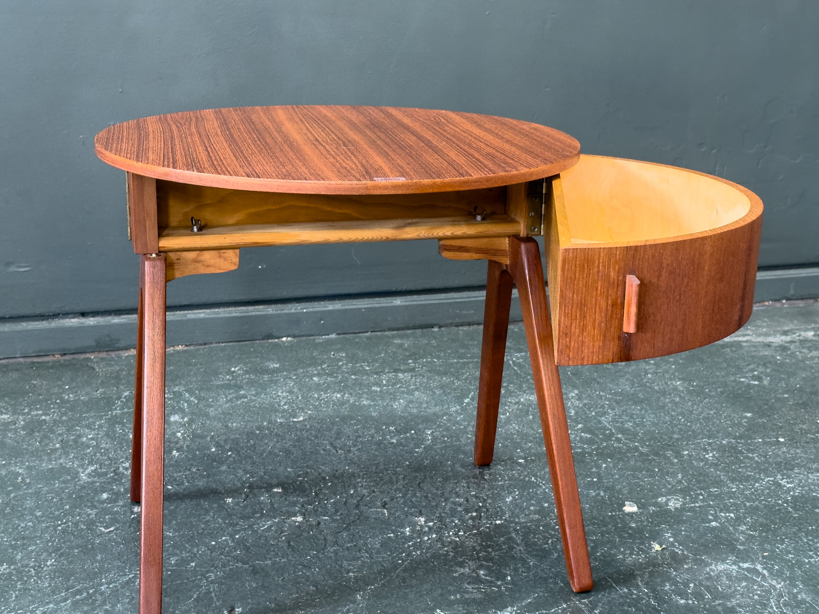 Round Teak Side Table with Round Hinged Compartments