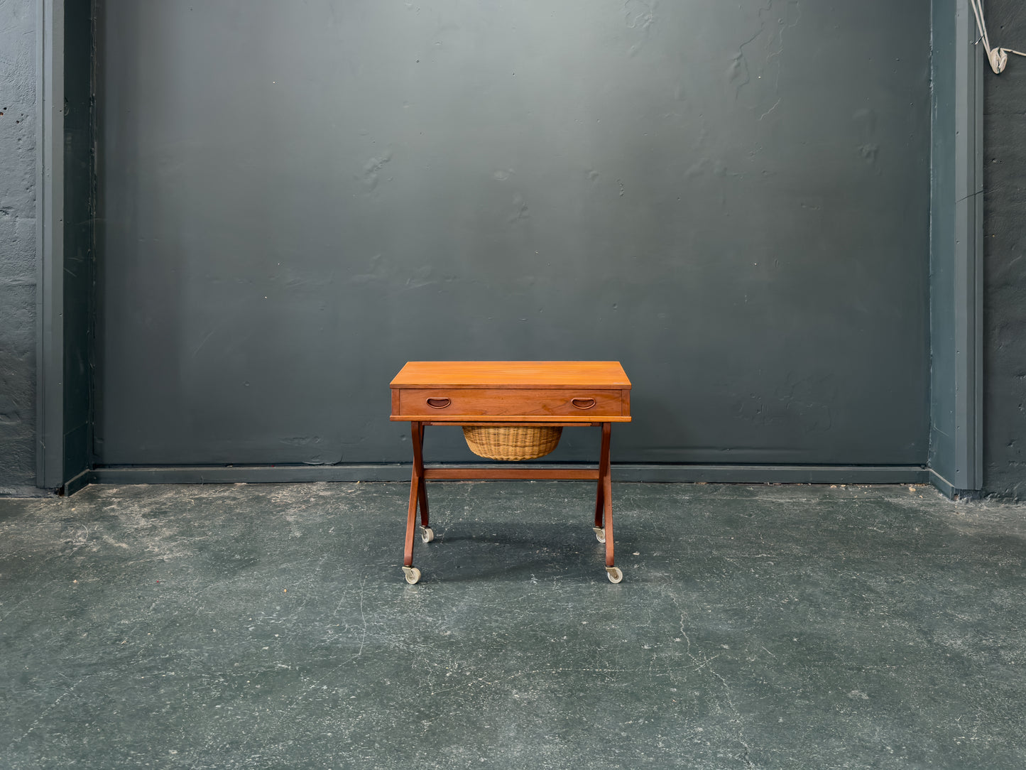 Large Teak Sewing Table with Round Wicker Basket