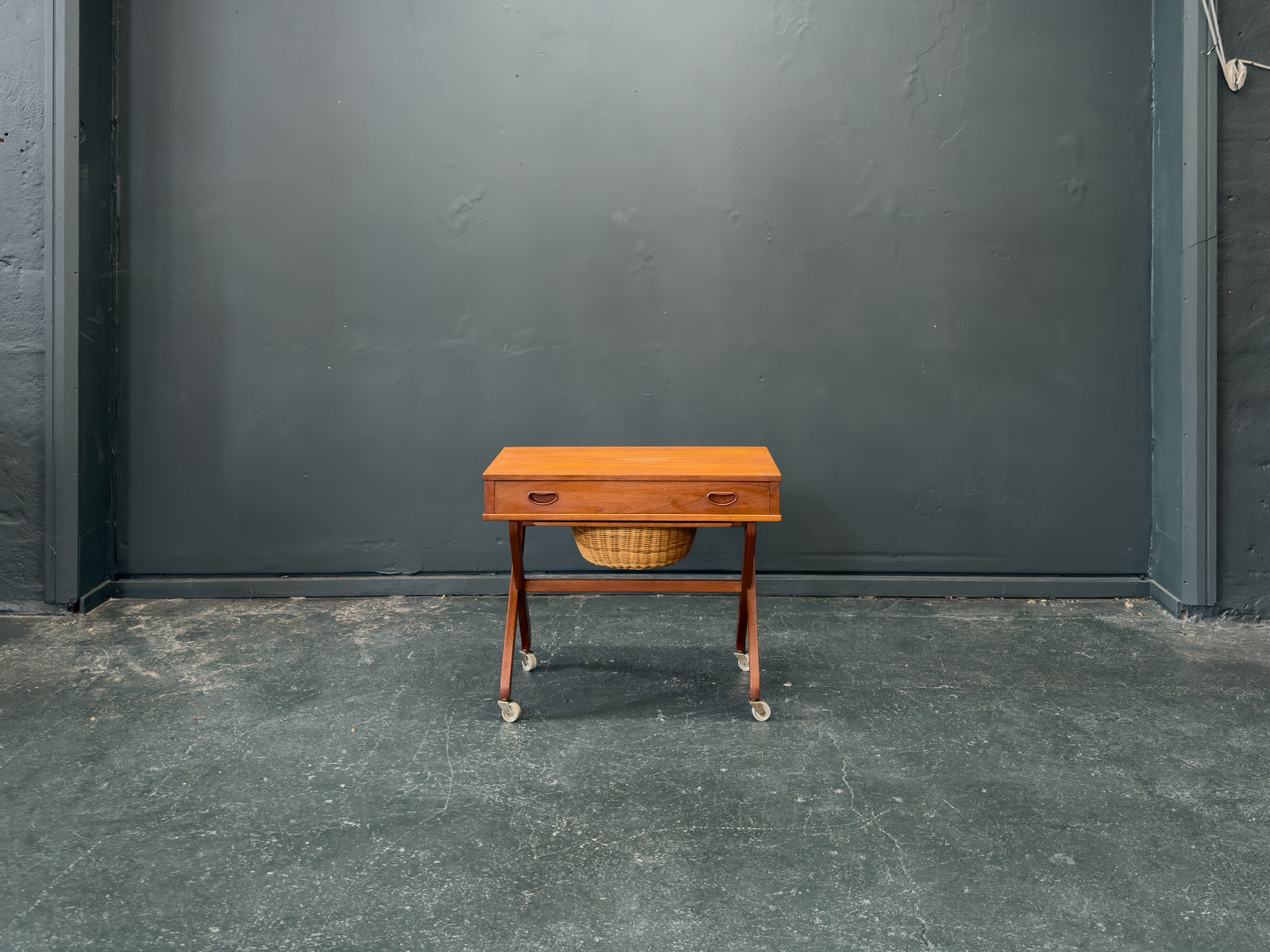 Large Teak Sewing Table with Round Wicker Basket