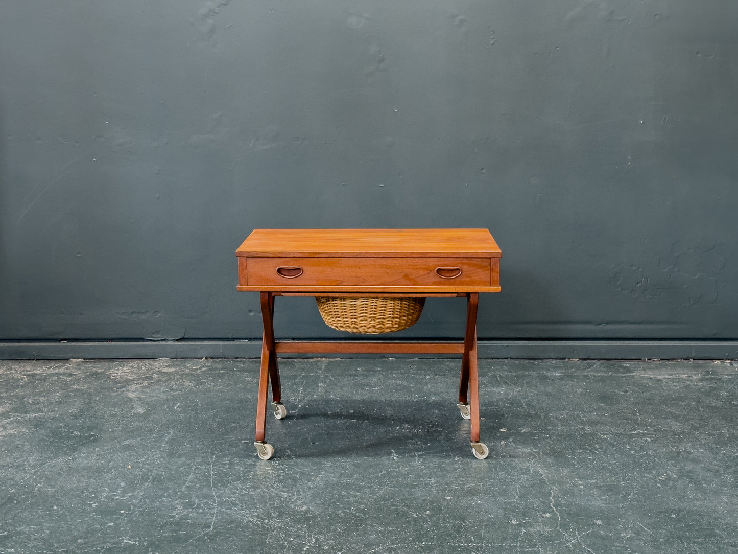Large Teak Sewing Table with Round Wicker Basket