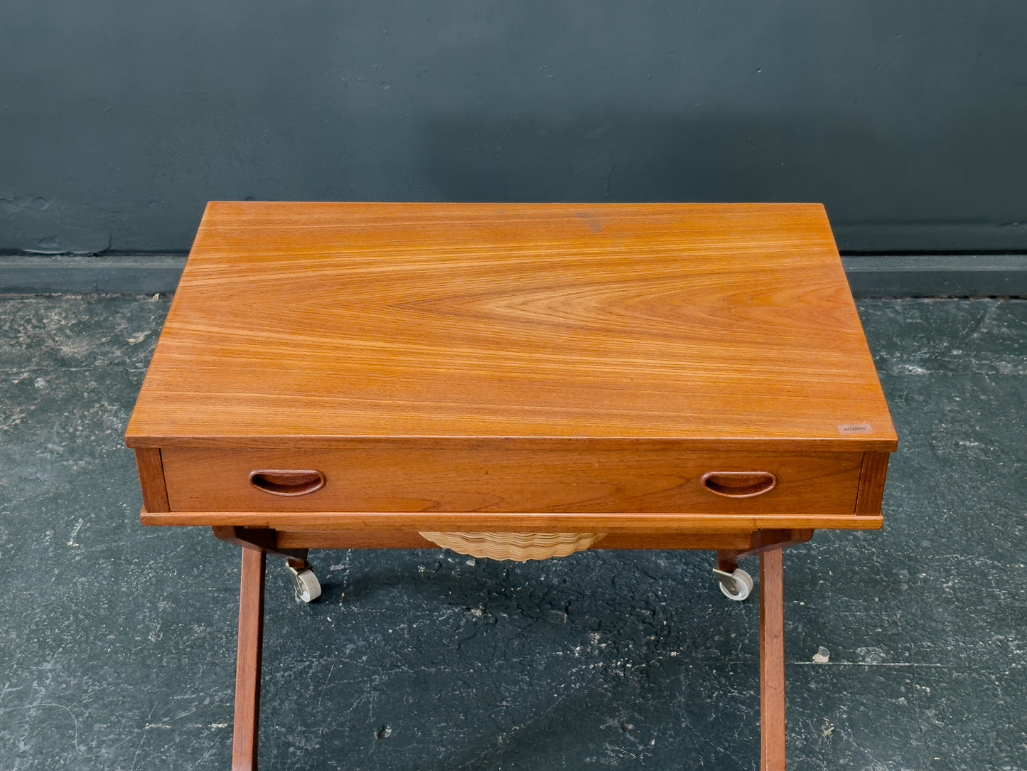 Large Teak Sewing Table with Round Wicker Basket
