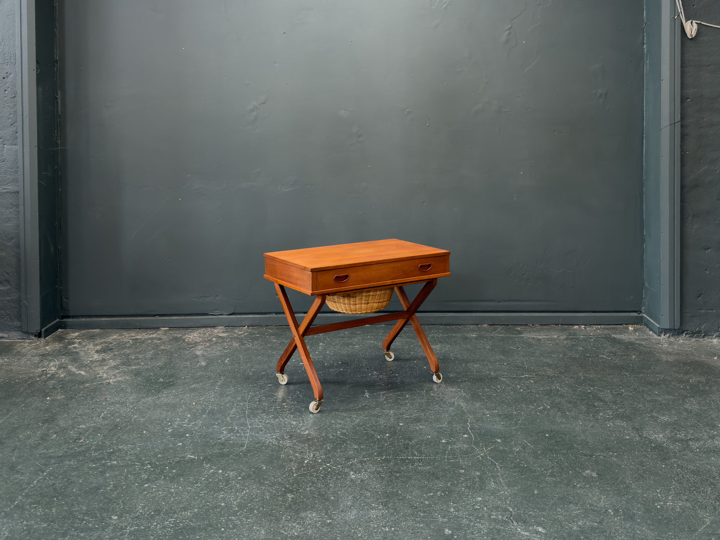Large Teak Sewing Table with Round Wicker Basket