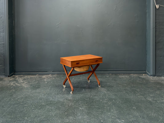 Large Teak Sewing Table with Round Wicker Basket