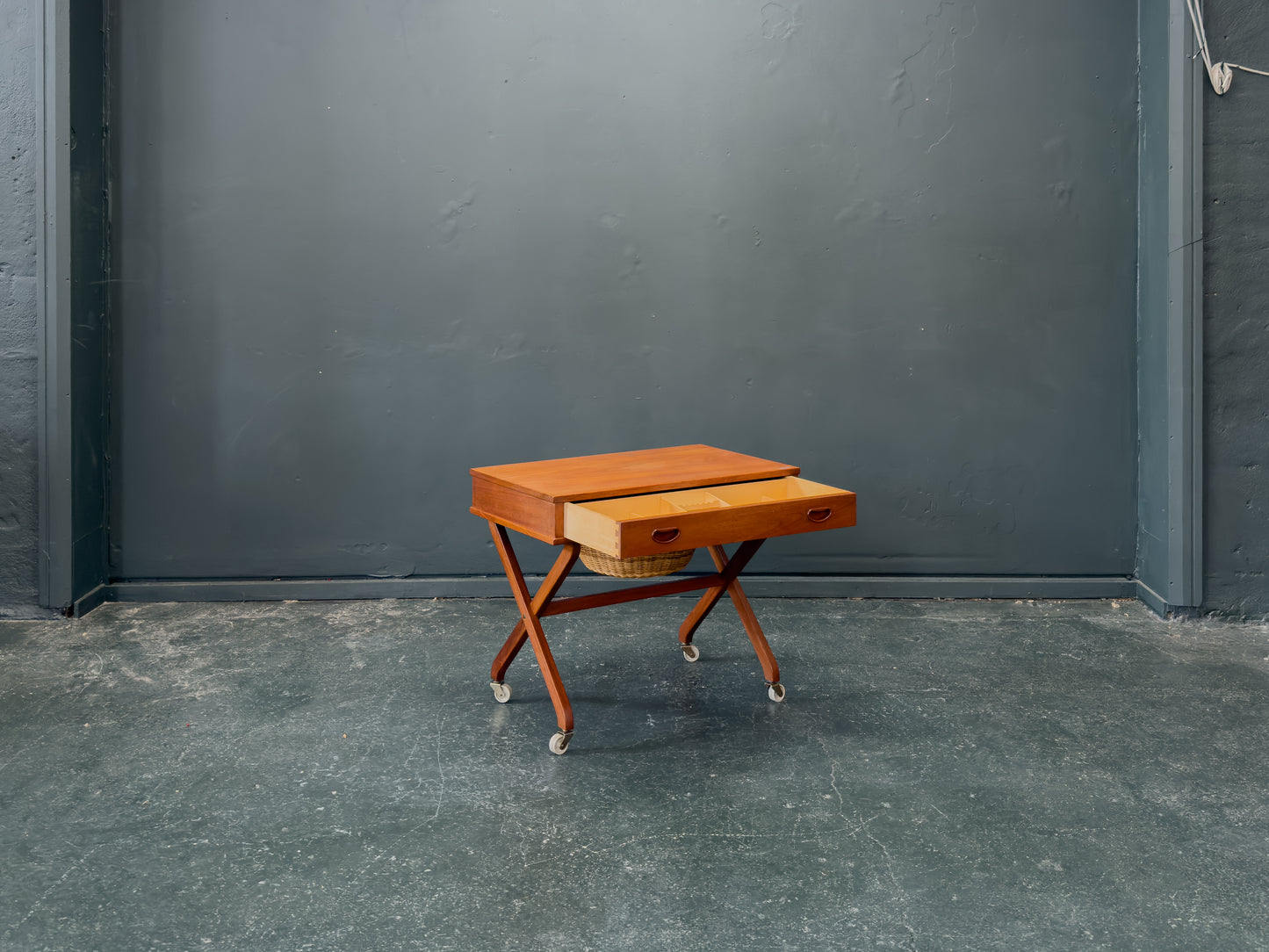 Large Teak Sewing Table with Round Wicker Basket