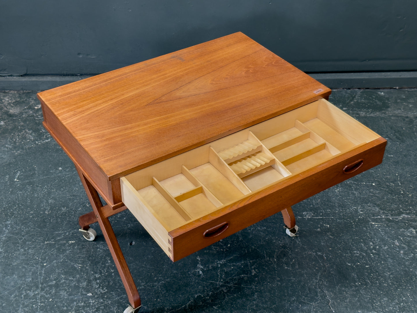 Large Teak Sewing Table with Round Wicker Basket
