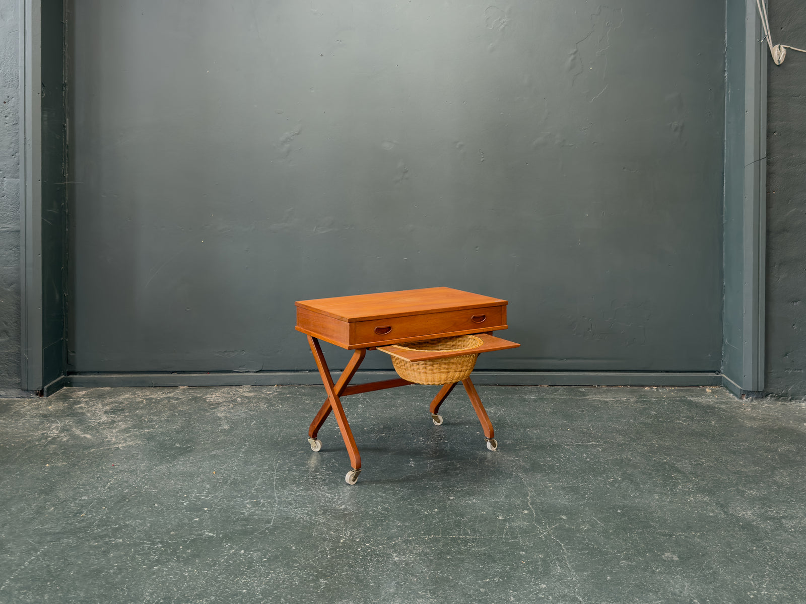 Large Teak Sewing Table with Round Wicker Basket