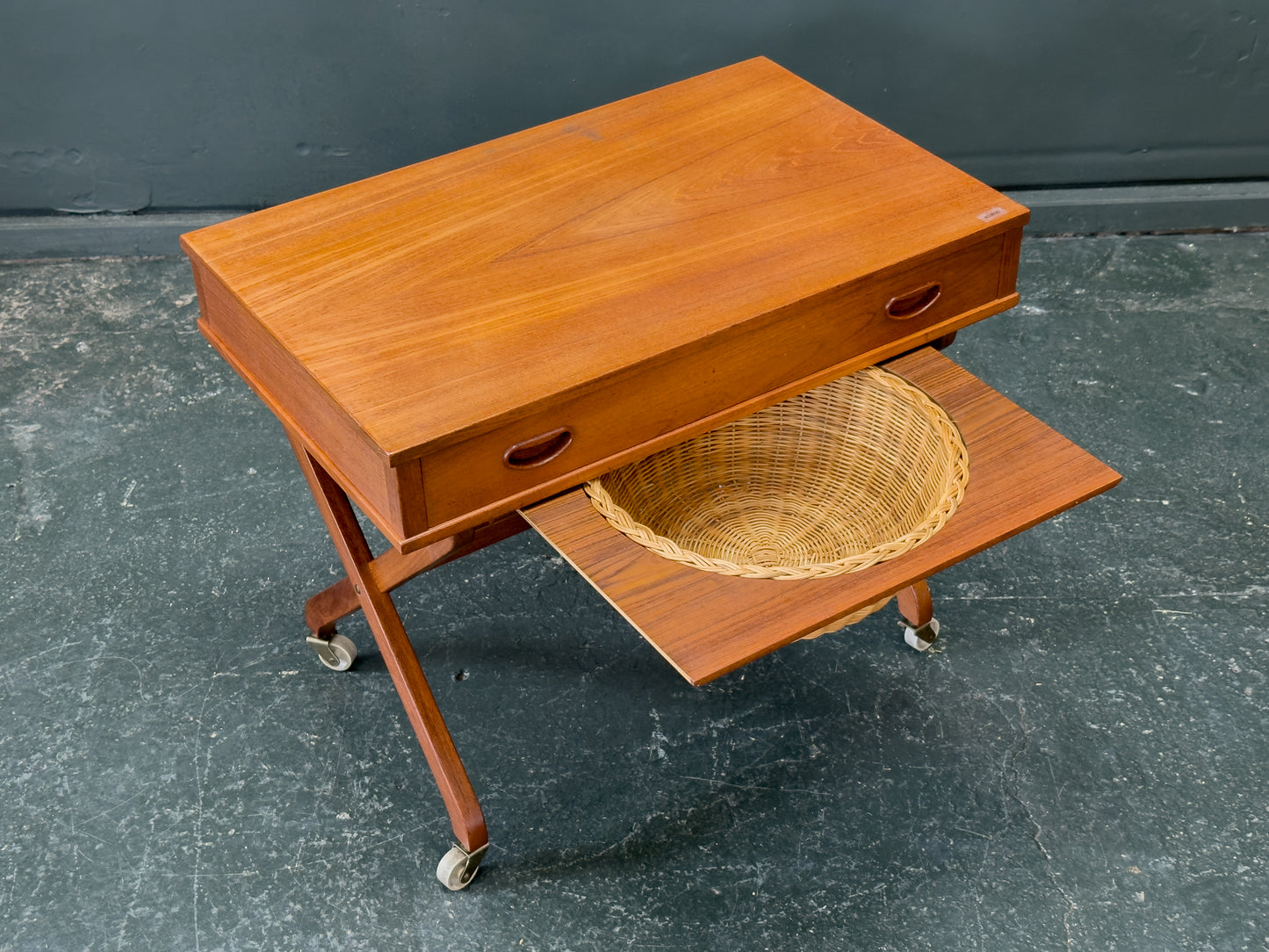 Large Teak Sewing Table with Round Wicker Basket