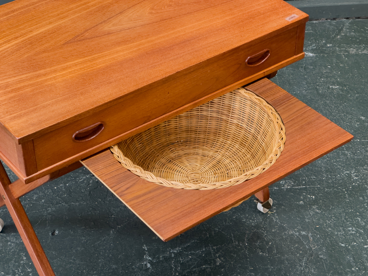 Large Teak Sewing Table with Round Wicker Basket