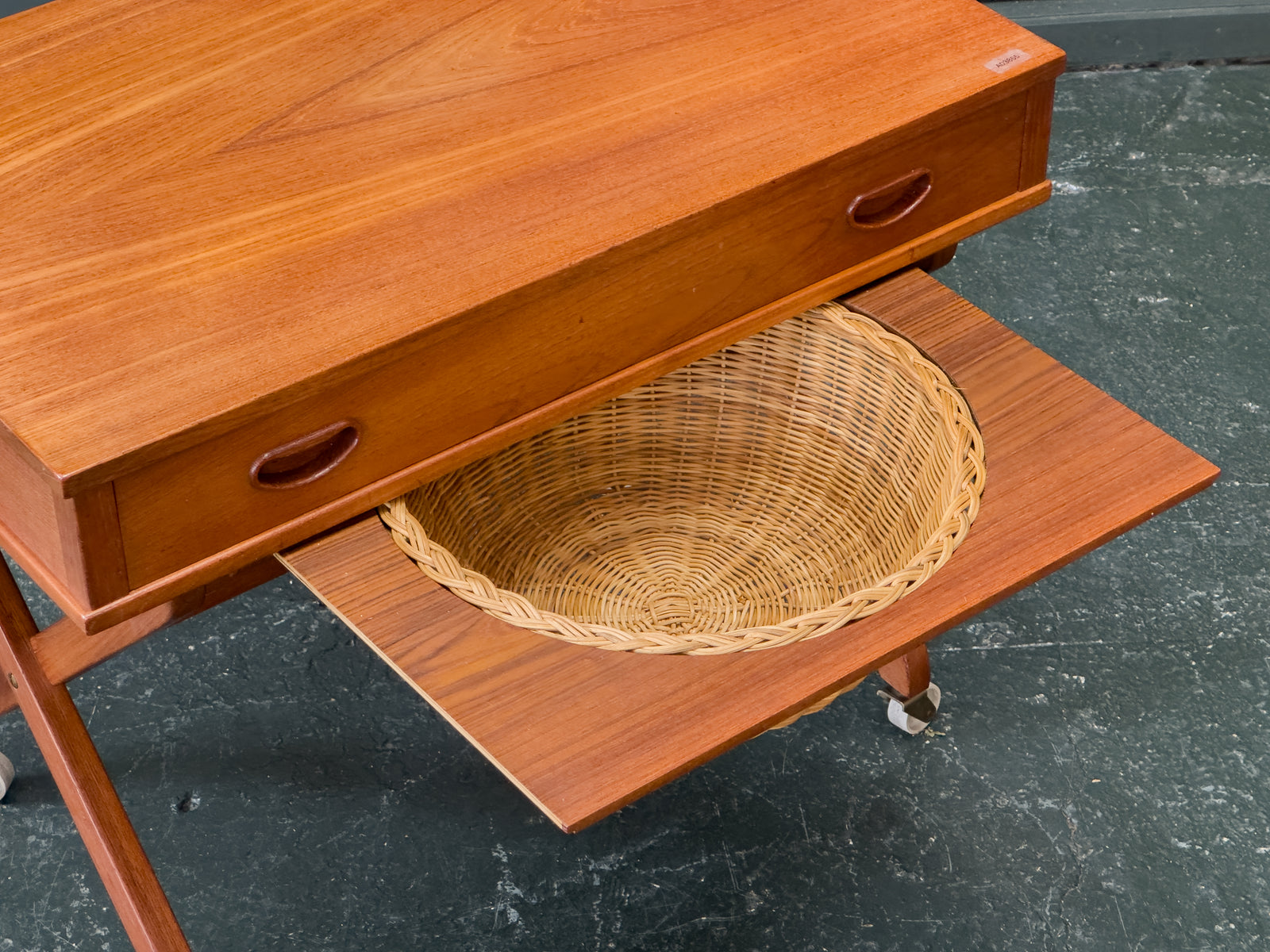 Large Teak Sewing Table with Round Wicker Basket