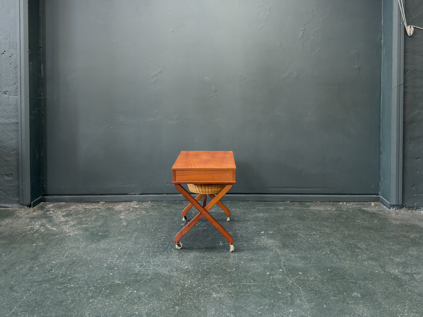 Large Teak Sewing Table with Round Wicker Basket