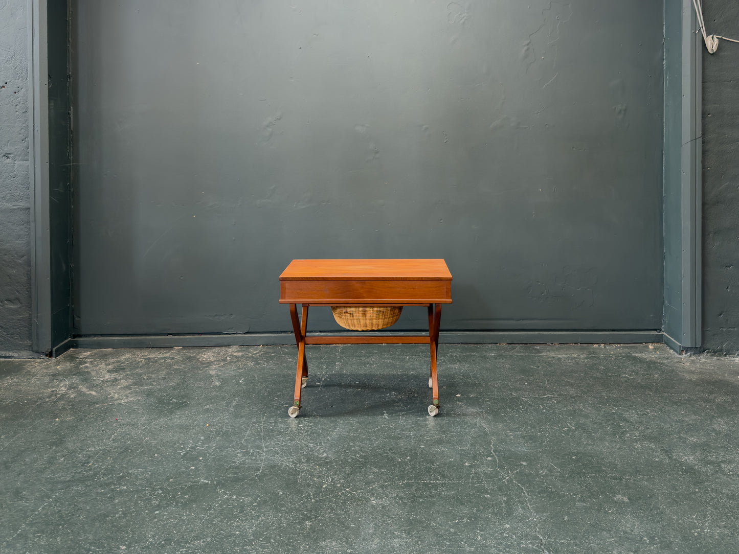 Large Teak Sewing Table with Round Wicker Basket