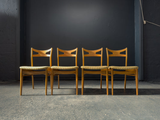 Set of 4 Oak and Checkered Dining Chairs