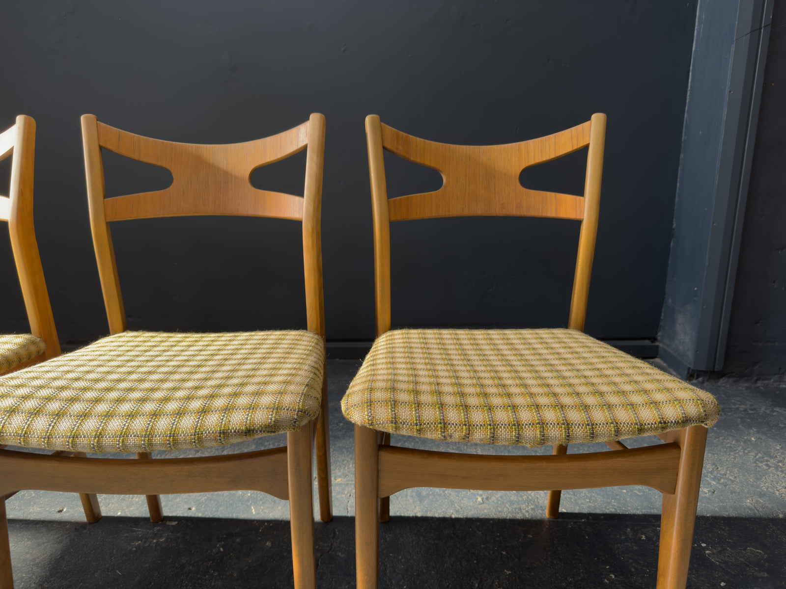 Set of 4 Oak and Checkered Dining Chairs