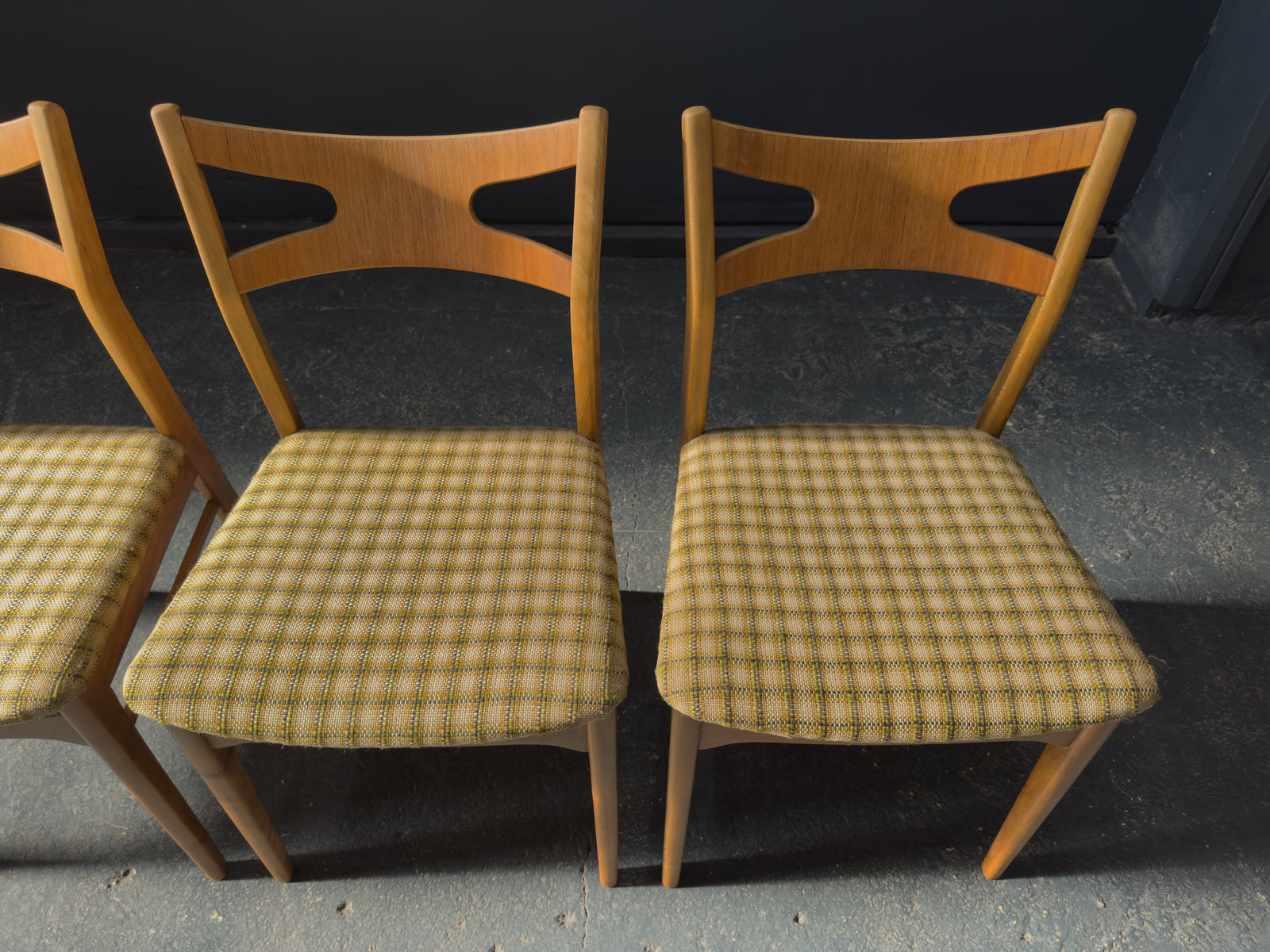 Set of 4 Oak and Checkered Dining Chairs