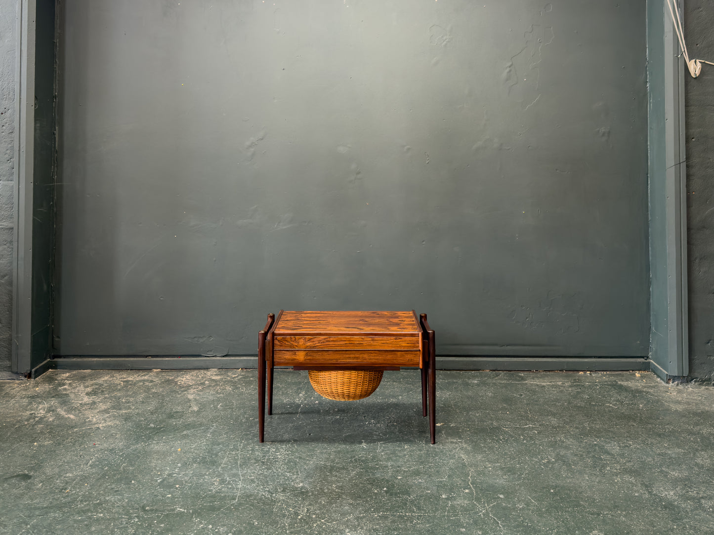 Rosewood Sewing Table with Drawer and Wicker Basket