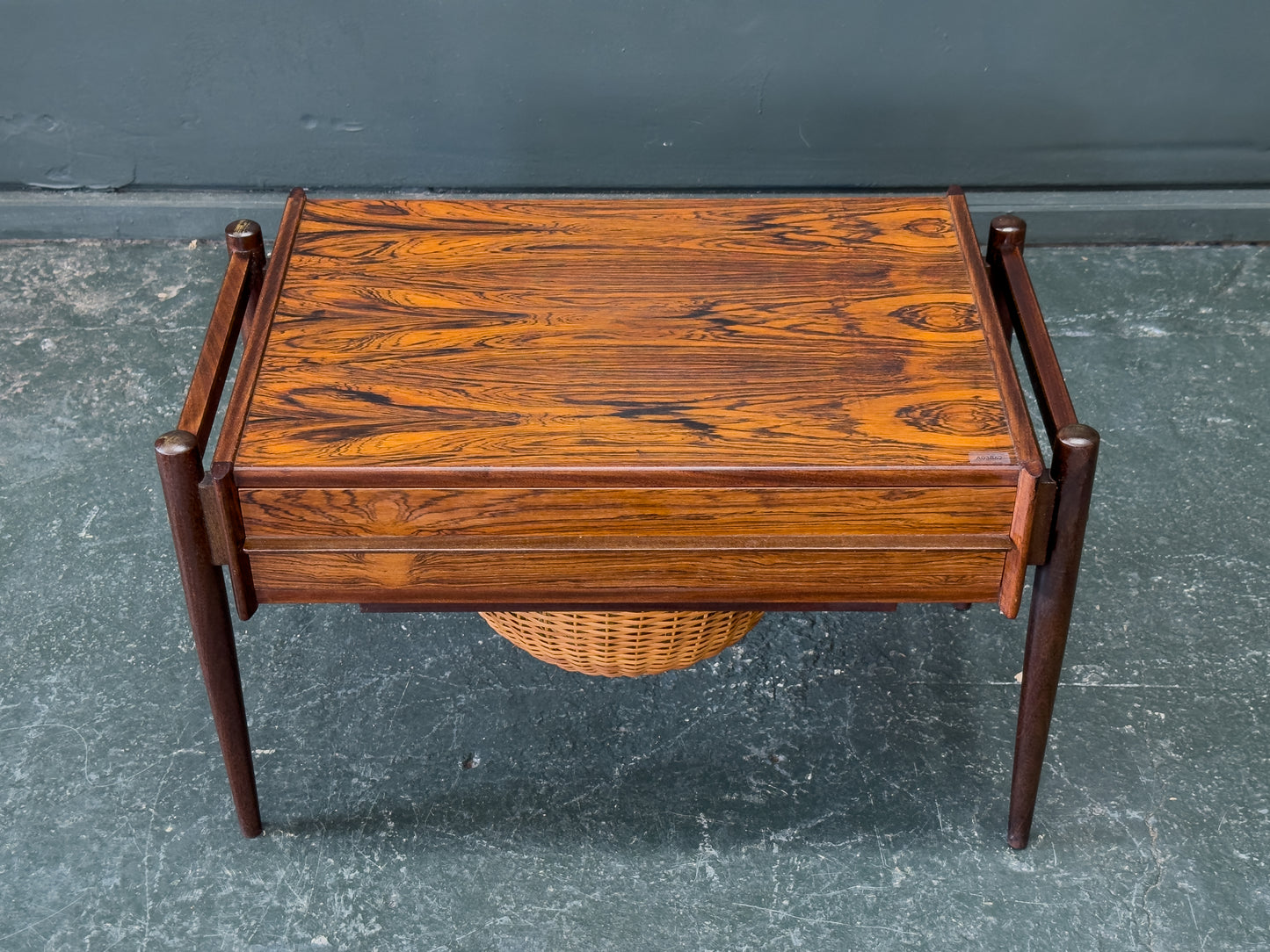 Rosewood Sewing Table with Drawer and Wicker Basket