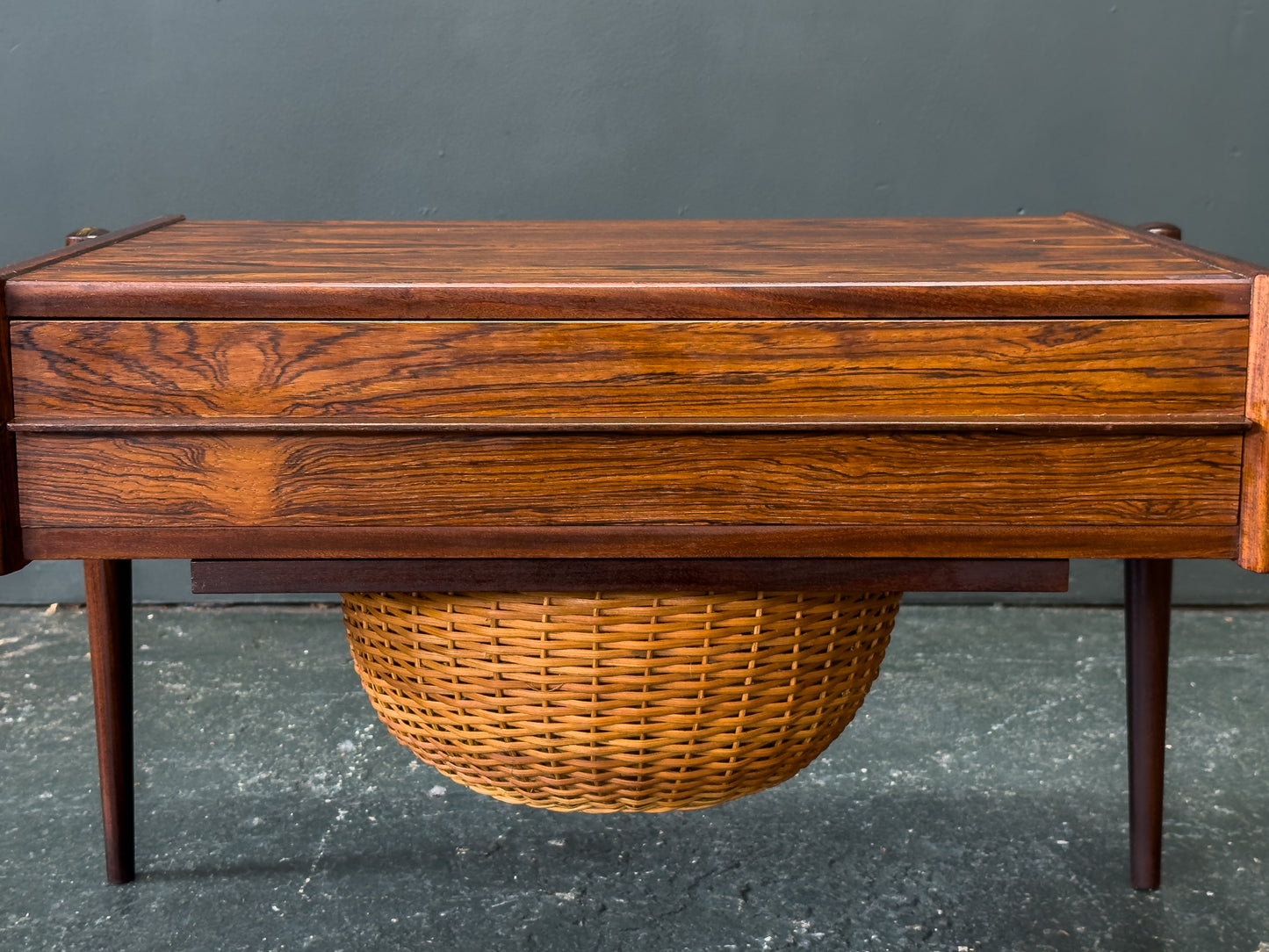 Rosewood Sewing Table with Drawer and Wicker Basket
