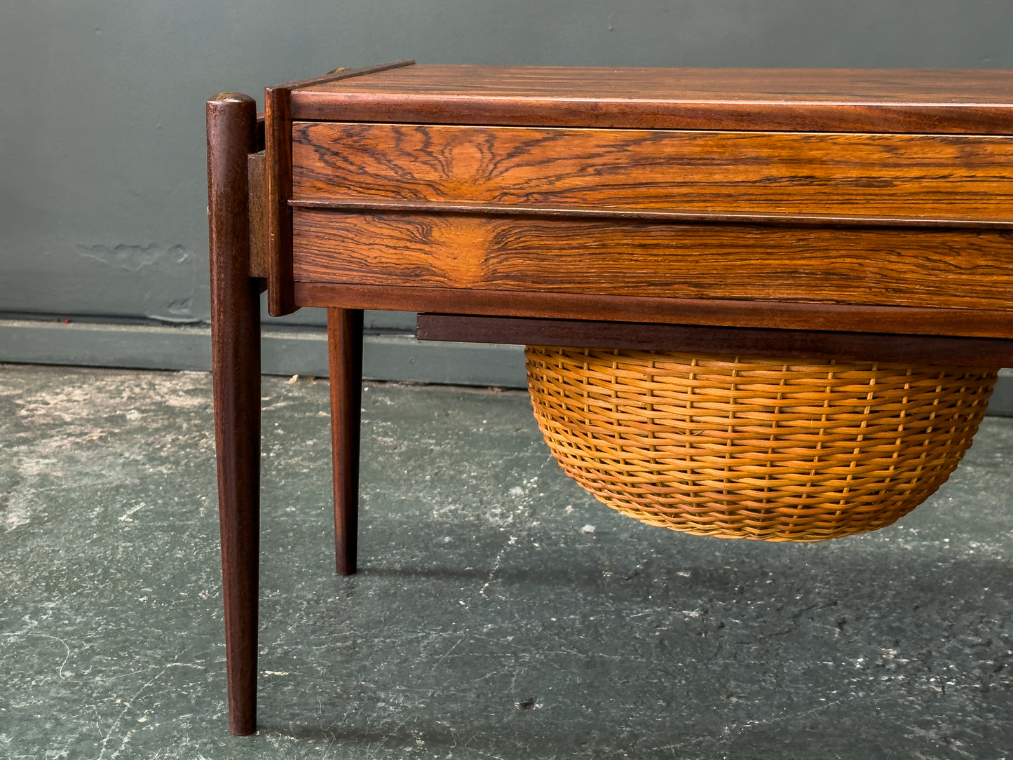 Rosewood Sewing Table with Drawer and Wicker Basket