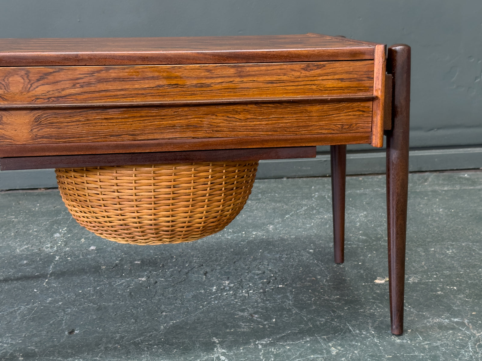 Rosewood Sewing Table with Drawer and Wicker Basket