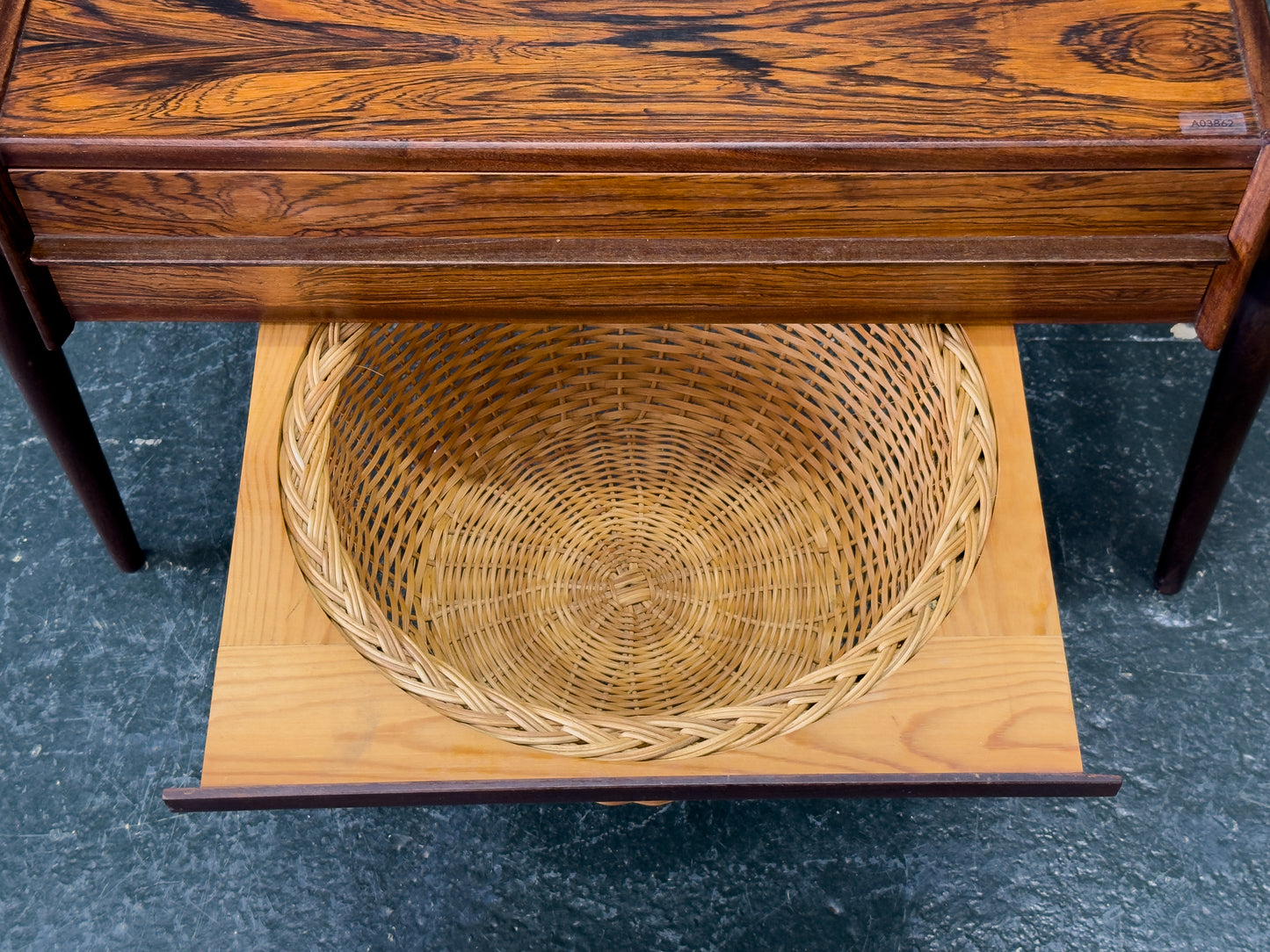 Rosewood Sewing Table with Drawer and Wicker Basket