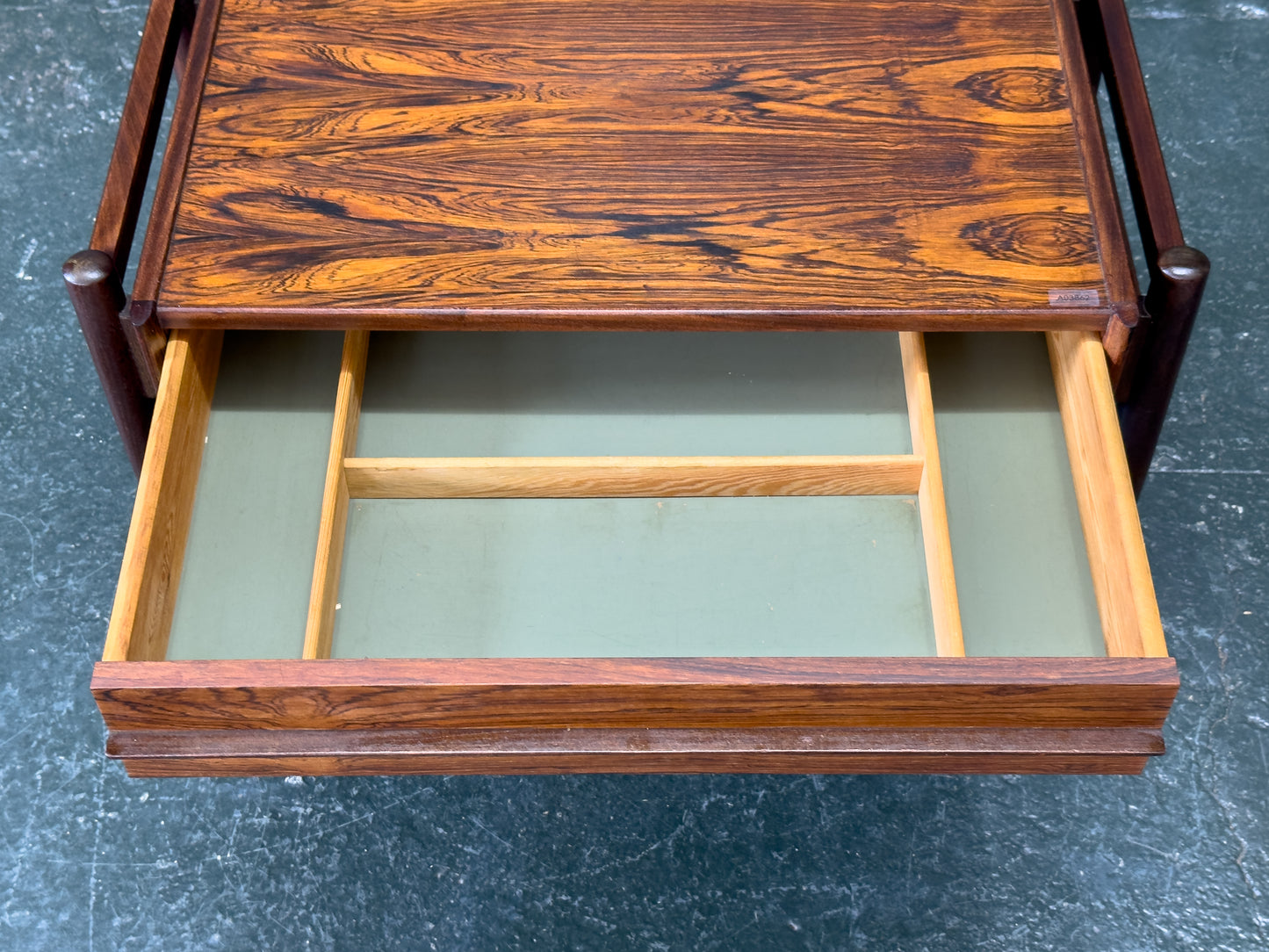 Rosewood Sewing Table with Drawer and Wicker Basket