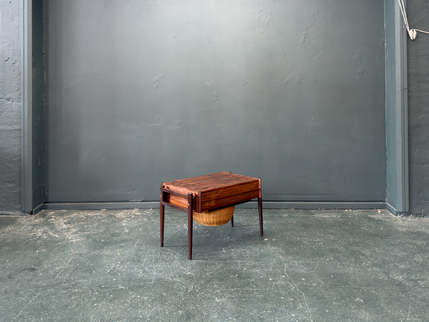 Rosewood Sewing Table with Drawer and Wicker Basket