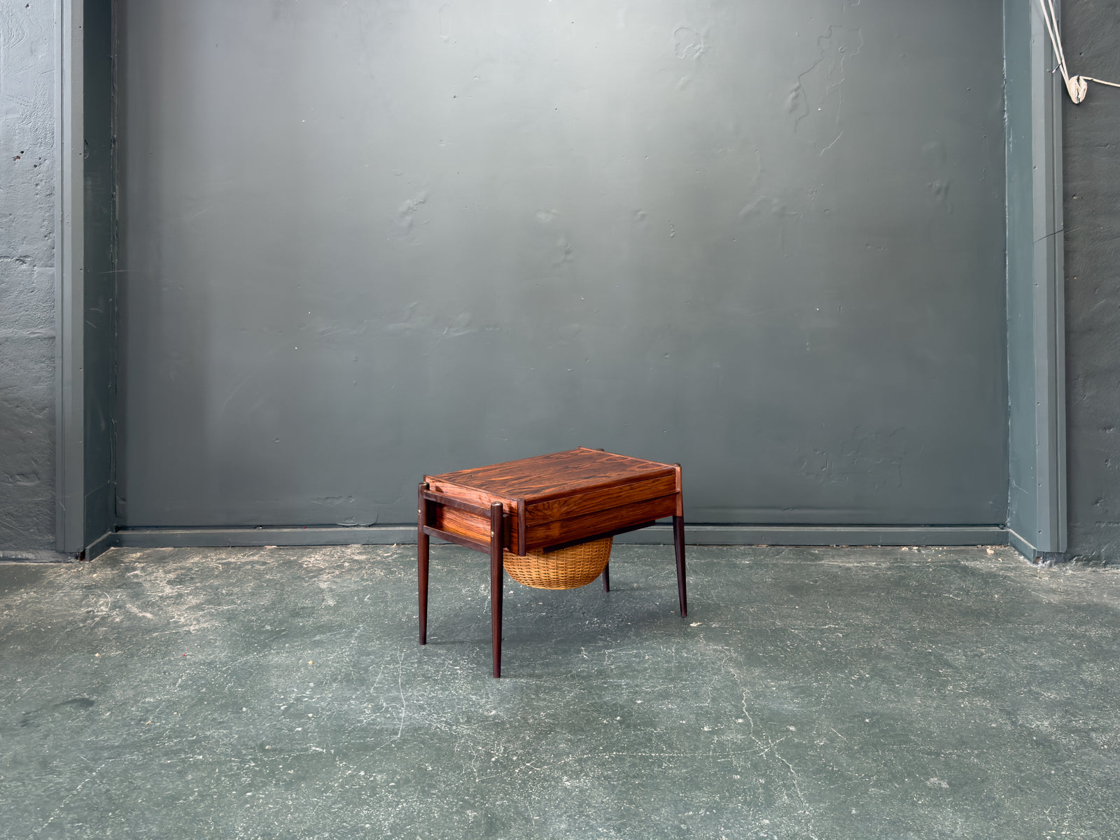 Rosewood Sewing Table with Drawer and Wicker Basket