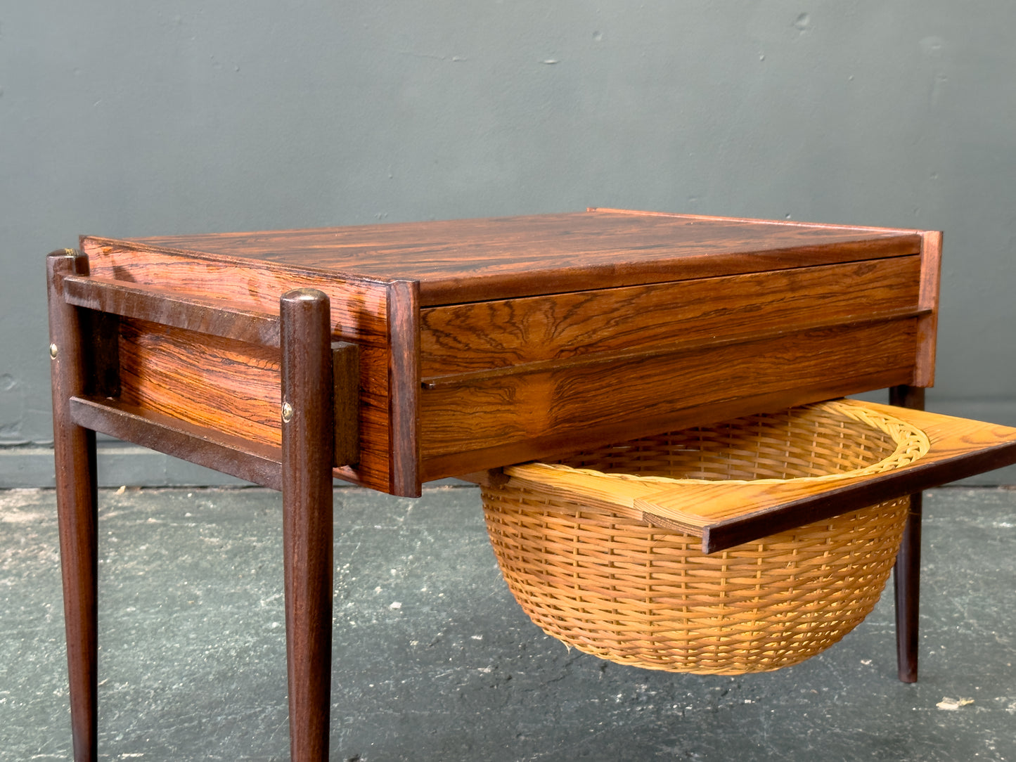 Rosewood Sewing Table with Drawer and Wicker Basket