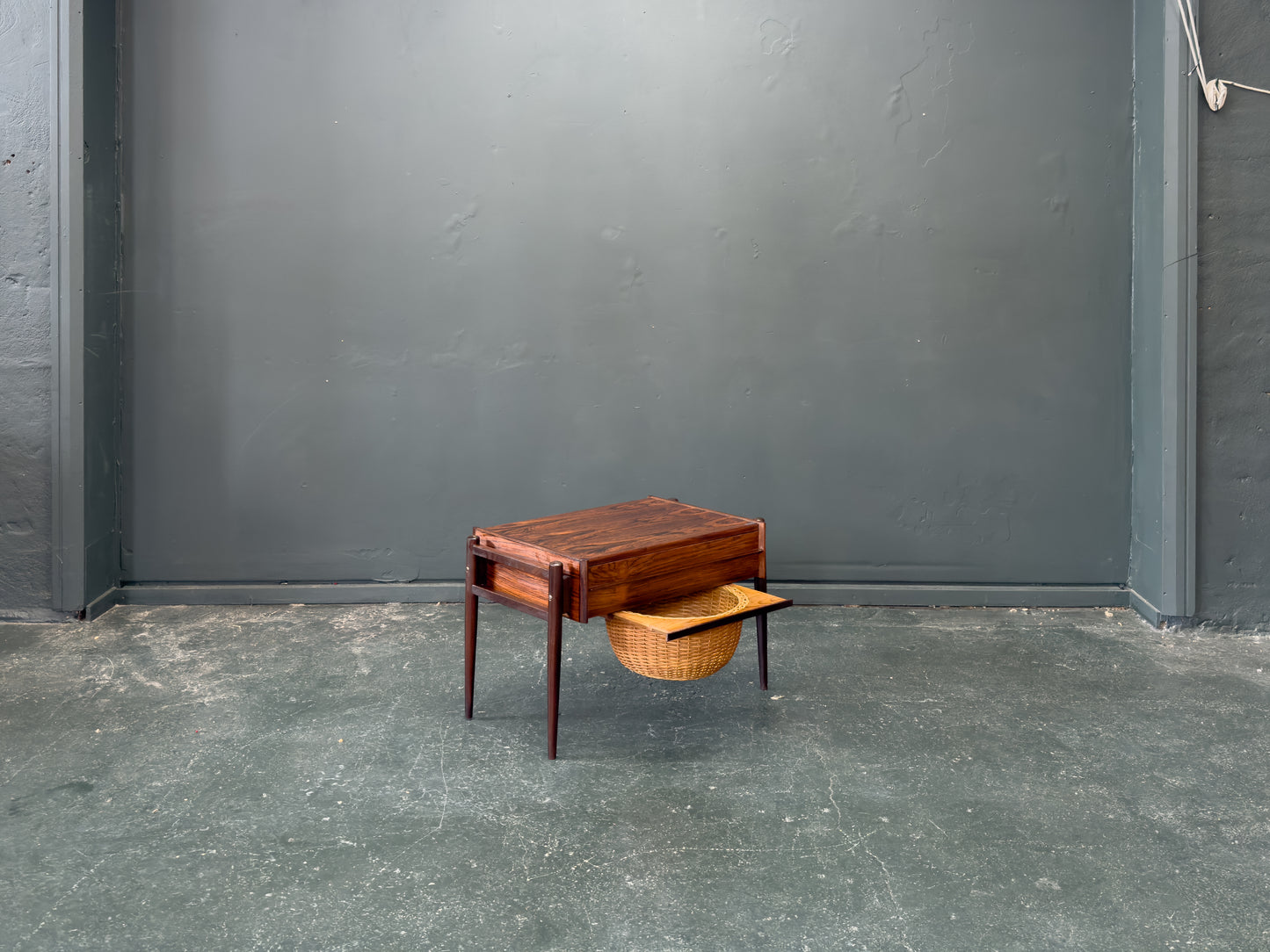 Rosewood Sewing Table with Drawer and Wicker Basket