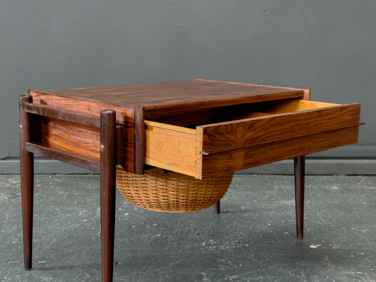 Rosewood Sewing Table with Drawer and Wicker Basket