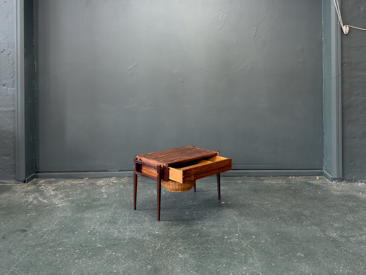 Rosewood Sewing Table with Drawer and Wicker Basket
