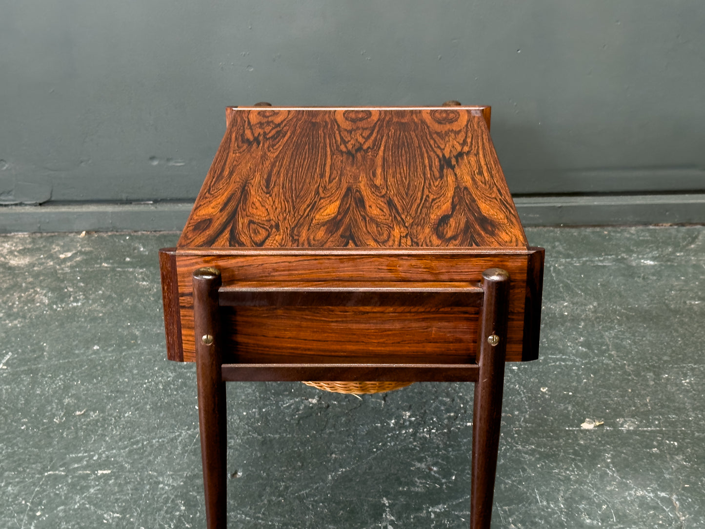 Rosewood Sewing Table with Drawer and Wicker Basket