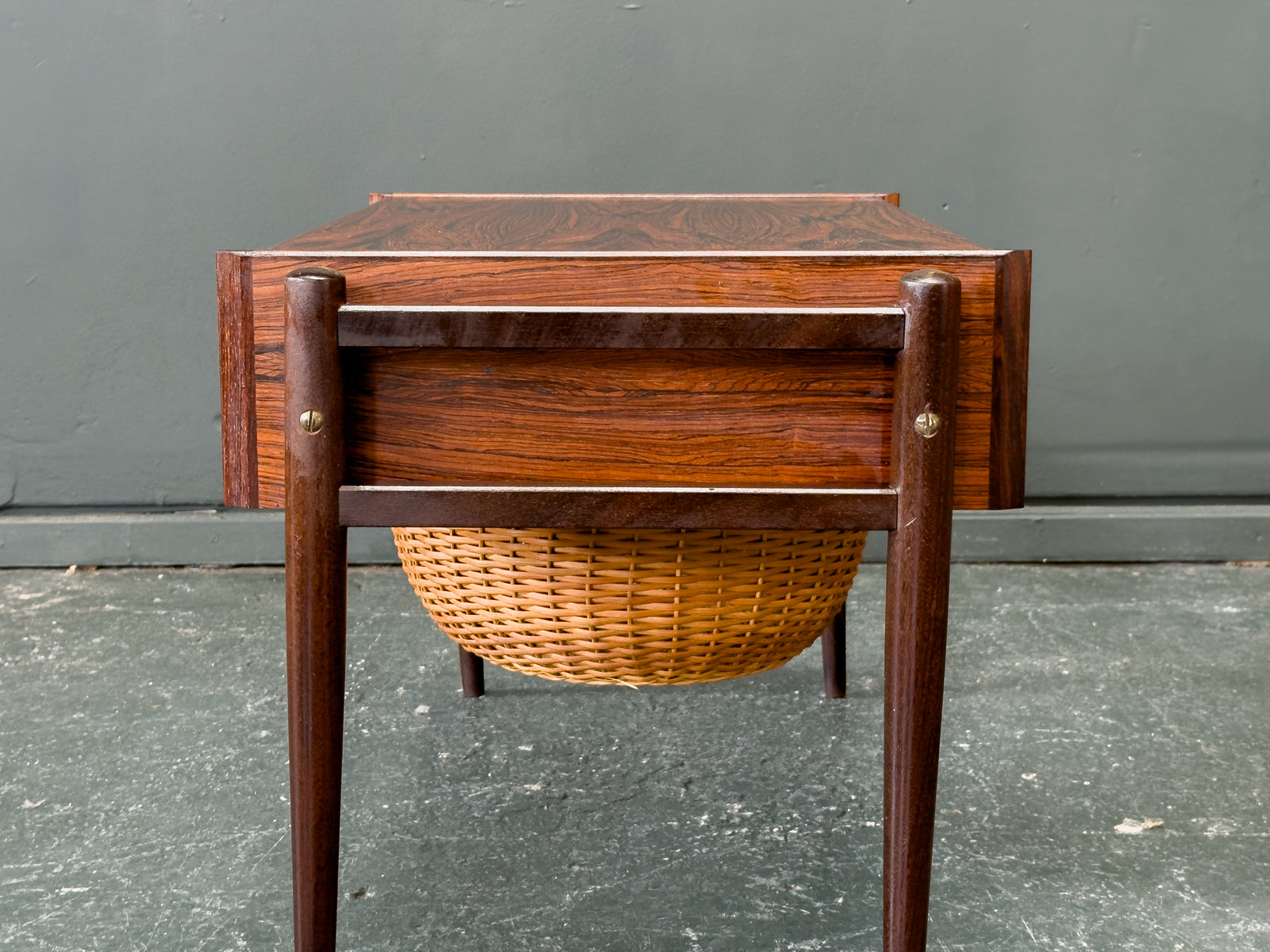 Rosewood Sewing Table with Drawer and Wicker Basket