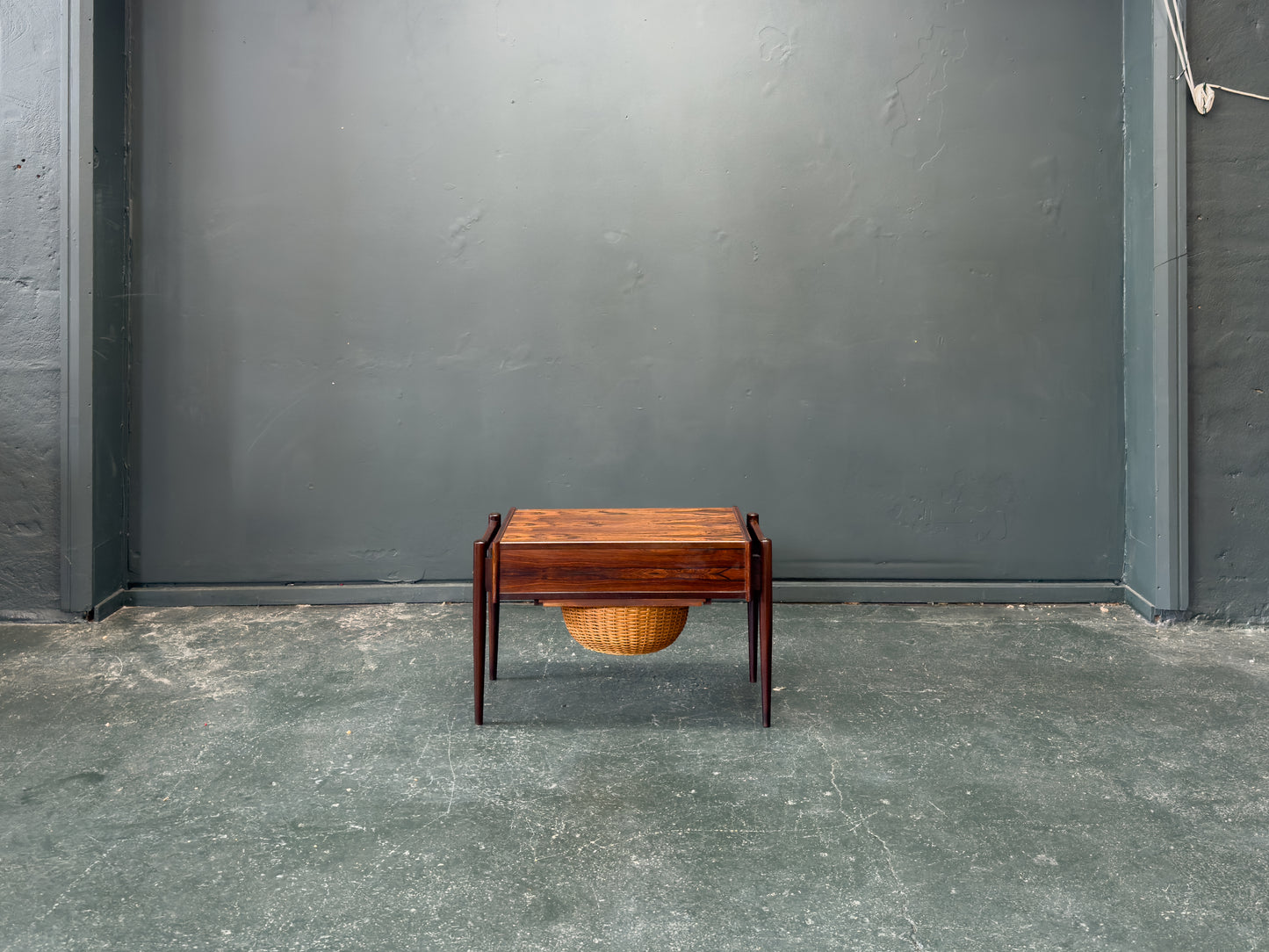 Rosewood Sewing Table with Drawer and Wicker Basket