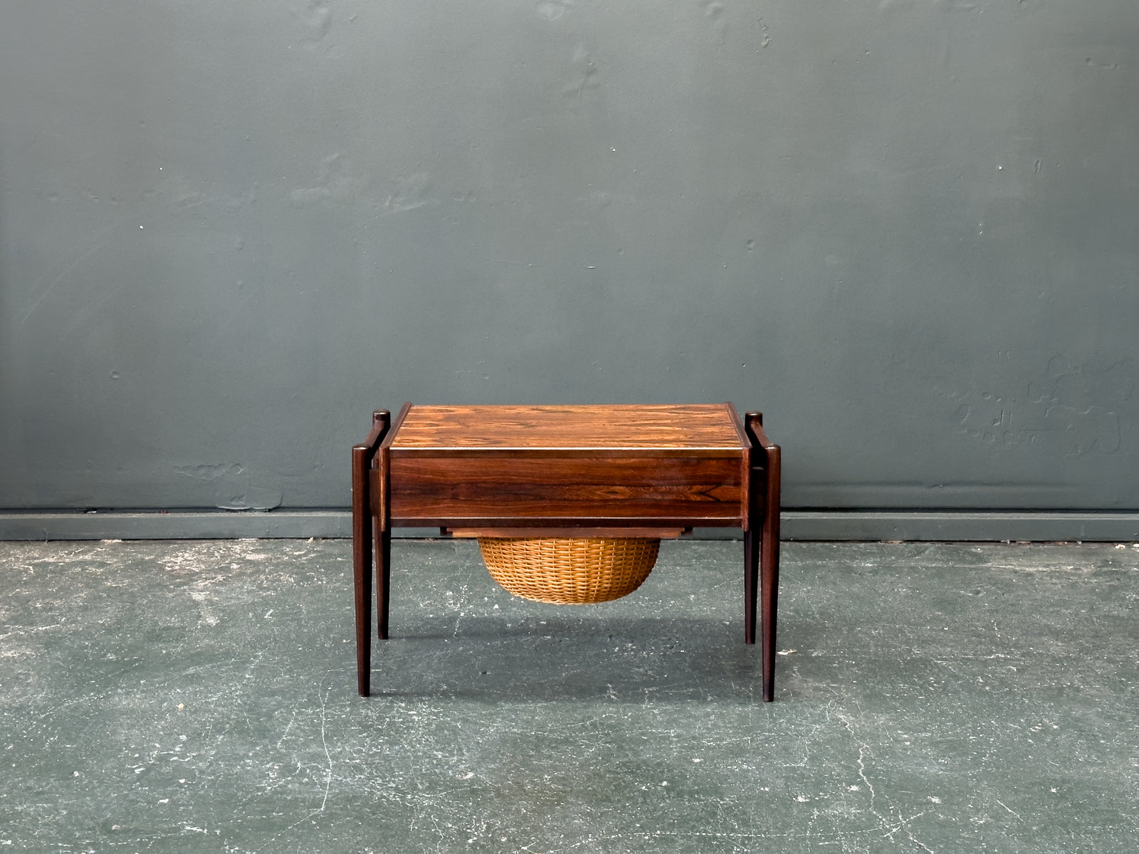 Rosewood Sewing Table with Drawer and Wicker Basket