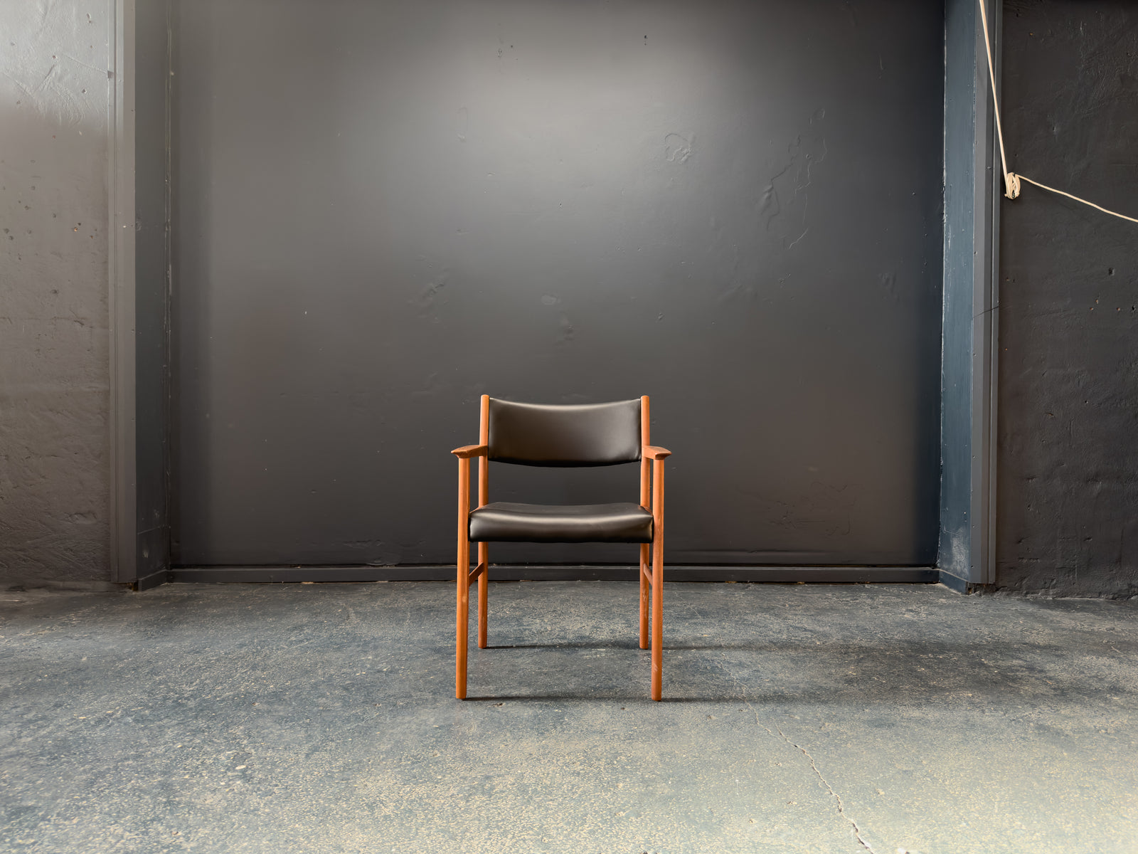 Teak and Black Leather Carver Chair