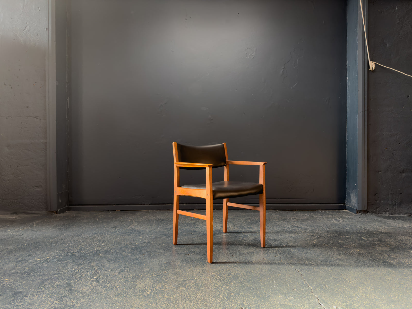 Teak and Black Leather Carver Chair